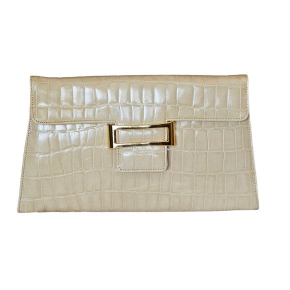 MADE IN ITALY Croc Embossed Ivory Patent Leather Clutch Crossbody - Picture 5 of 13